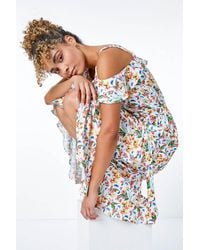 Roman Petite - Floral Print Cold Shoulder Midi Dress - Lyst