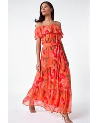 Roman - Floral Tiered Bardot Belted Dress - Lyst