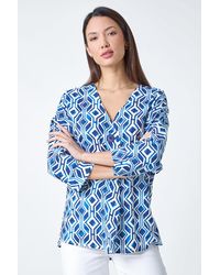 Roman - Geometric Pleated Button Detail V-Neck Top - Lyst