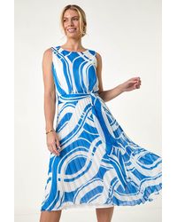 Roman Petite - Abstract Tie Waist Pleated Dress - Lyst
