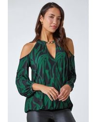 Roman - Abstract Print Cold Shoulder Chiffon Top - Lyst