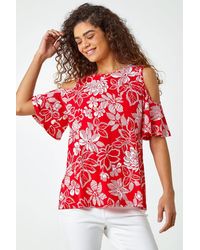 Roman - Textured Floral Print Cold Shoulder Top - Lyst