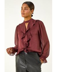 Roman - Ruffle Front Keyhole Satin Top - Lyst