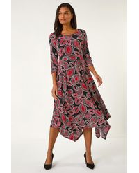 Roman - Leaf Print Hanky Hem Stretch Midi Dress - Lyst
