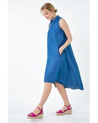 Roman - Denim Zip Detail Dipped Hem Midi Dress - Lyst