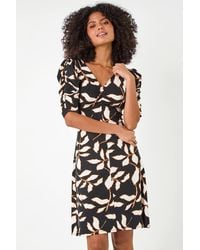 D.u.s.k - Ditsy Leaf Ruched Puff Sleeve Dress - Lyst