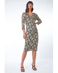Roman - Palm Print Ruched Lace Dress - Lyst