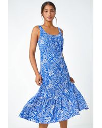 Roman - Floral Frill Hem Stretch Midi Dress - Lyst