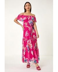 Roman - Floral Print Bardot Belted Maxi Dress - Lyst