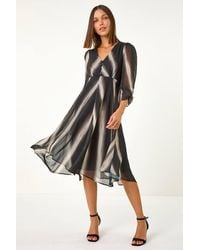 Roman - Stripe Print V-Neck Hanky Hem Midi Dress - Lyst