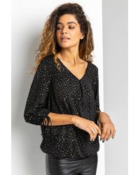 Roman - Metallic Foil Print Tie Detail Blouse - Lyst