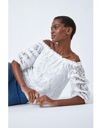 Roman - Paisley Lace Ruched Sleeve Bardot Top - Lyst