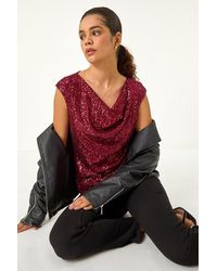 Roman - Sequin Cowl Neck Stretch Jersey Top - Lyst