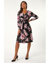 Roman - Floral Print Twist Front Stretch Midi Dress - Lyst