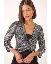 Roman - Sequin Bodice V-Neck Stretch Top - Lyst