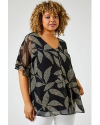 Roman Curve - Abstract Leaf Chiffon Overlay V-Neck Top - Lyst