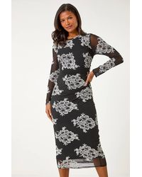 Roman - Floral Lace Mesh Stretch Midi Dress - Lyst