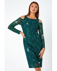 Roman - Sequin Cold Shoulder Lace Midi Stretch Dress - Lyst