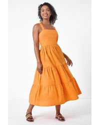 Roman Petite - Tiered Cotton Shirred Midi Dress - Lyst