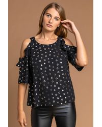 Roman - Foil Print Frill Cold Shoulder Chiffon Top - Lyst