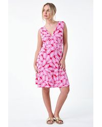 Roman Petite - Leaf Print Stretch Wrap Dress - Lyst