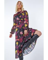 Roman - Dusk Fashion Floral Print Shirred Chiffon Midi Dress - Lyst