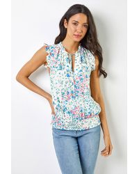 Roman - Ditsy Floral Print Shirred Blouson Hem Top - Lyst