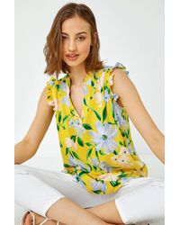 Roman - Floral Print Sleeveless V-Neck Ruffle Top - Lyst