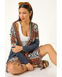 Roman - Geo Patterned Longline Fringe Cardigan - Lyst