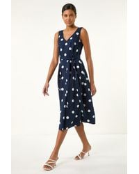 Roman - Spot Print Belted Midi Dress - Lyst