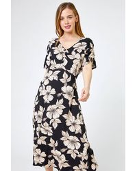 Roman Petite - Floral Print Ruched Midi Dress - Lyst