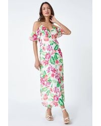 Roman - Floral Print Cold Shoulder Chiffon Midi Dress - Lyst