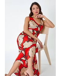 Roman - Floral Print Satin Bodycon Midi Dress - Lyst