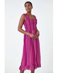 Roman - Abstract Stripe Shirred Bodice Midi Dress - Lyst