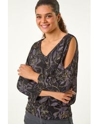 Roman - Sparkle Floral Print V-Neck Banded Hem Top - Lyst