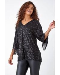 Roman - V-Neck Sequin Tassel Detail Tunic Stretch Top - Lyst