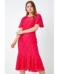Roman - Chiffon Angel Sleeve Stretch Lace Midi Dress - Lyst