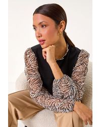 Roman - Contrast Animal Print Mesh Stretch Top - Lyst