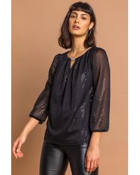 Roman - Shimmer Trim Keyhole Detail 3/4 Sleeve Top - Lyst