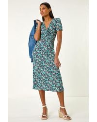 Roman - Floral Front Twist Stretch Midi Dress - Lyst