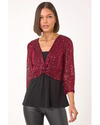 Roman - Sequin Bodice V-Neck Stretch Top - Lyst