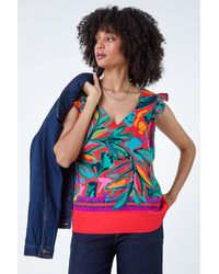 Roman - Tropical Print Frill Sleeve V-Neck Vest Top - Lyst
