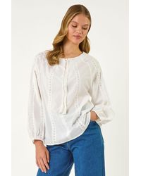 Roman - Lace Trim Tie V-Neck Top - Lyst