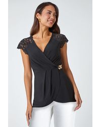 Roman - Lace Trim Stretch V-Neck Wrap Top - Lyst