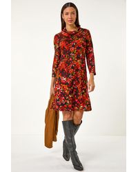 Roman - Leaf Print Cowl Neck Tab Detail Dress - Lyst