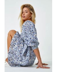 D.u.s.k - Fashion Ditsy Floral Shirred Cotton Tea Dress - Lyst