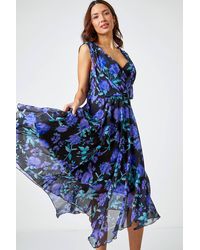 Roman - Sleeveless Floral Chiffon Asymmetric Midi Dress - Lyst