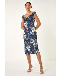 Roman - Floral Print Bardot Stretch Midi Dress - Lyst