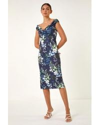 Roman - Floral Print Bardot Stretch Midi Dress - Lyst