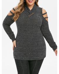 Rosegal Plus Size Button Embellished Lattice Cold Shoulder Knitwear - Gray